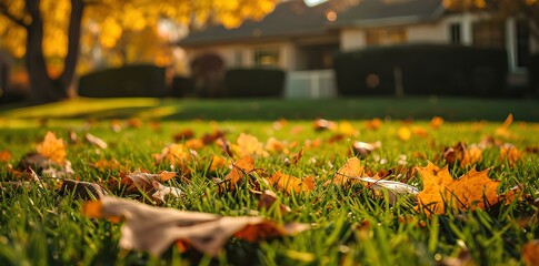 a suburban residential area background. leaves laying on grass near a home, serene autumn landscape perspective. generative AI - Powered by Adobe