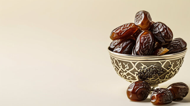 dried dates in metallic arabesque bowl isolated on white background. Ramadan. AI Generative