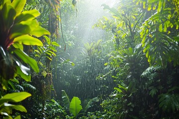 rain in tropical rainforest with backlit green plants and water and sunrays - obrazy, fototapety, plakaty