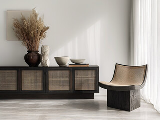 Mediterranean interior design close-up. Black and brown wood cabinet.