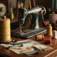 vintage, old sewing machine, sewing supplies on the table, spools of thread, scissors, thimble