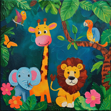 jungle, giraffe, lion and elephant, parrot, children's theme illustrations with acrylic paint