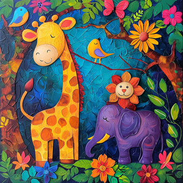 jungle, giraffe, lion and elephant, parrot, children's theme illustrations with acrylic paint