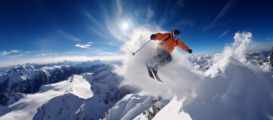 Skier jumping in the snow mountains on the slope with his ski and professional equipment on a sunny day. Generative AI - obrazy, fototapety, plakaty