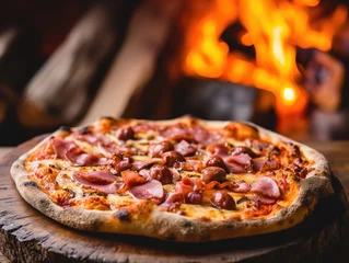 Foto op Plexiglas sausage and ham pizza served infront of the burning logs . generative ai © Tomislav
