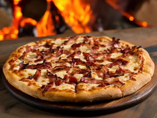 Foto op Plexiglas bacon strips pizza served infront of burning logs . generative ai © Tomislav