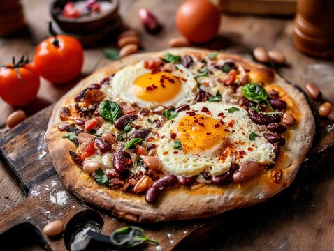 eggs and beans pizza served on a wooden cutting board . generative ai