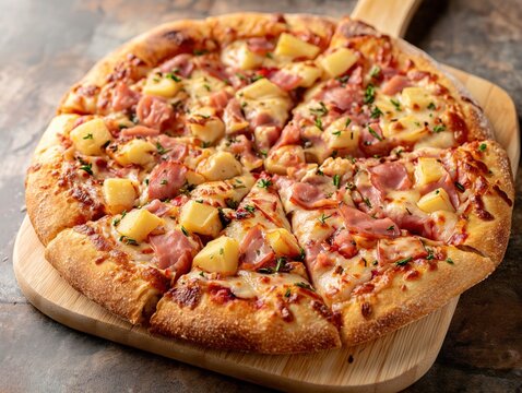 hawaiian pizza with pineapple served on a wooden cutting board