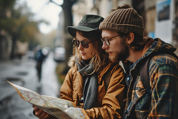 Happy couple tourists sightseeing city with map