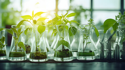 Des recherches en laboratoire sur des plantes dans une série d'éprouvettes en verre. - obrazy, fototapety, plakaty