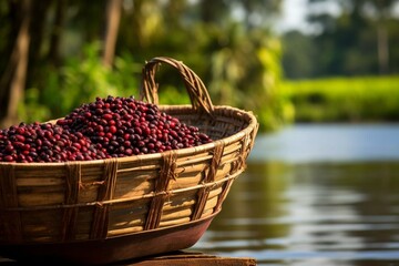 Acai berries in straw baskets on a red boat amidst forest trees in the Amazon rainforest, Brazil. Emphasizes environment, conservation, biodiversity, healthy food, ecology, agriculture. Generative AI