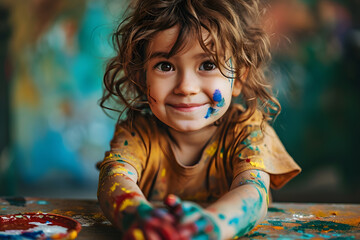 Little happy girl with painted t-shirt and hand prints close up. - Powered by Adobe