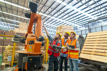 team Engineers standing by robotic arm and operating machine in factory. worker man control on tablet. Workers work at heavy machine robot arm. High-tech robot with a remote system in Wood factory.