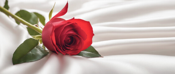 Single red rose on a bed with white sheets