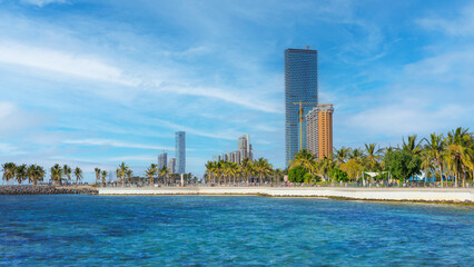 View of Jeddah skyscrapers from the public beach.