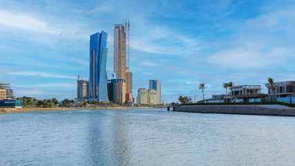 View of Jeddah skyscrapers from the public beach.
