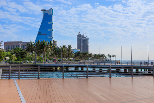 View of Jeddah skyscrapers from the public beach.