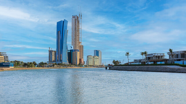 View of Jeddah skyscrapers from the public beach.