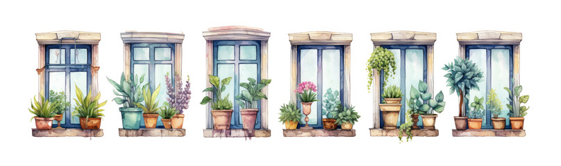 Watercolor  set of window  ornament set. Hand drawn isolated on transparent background.	
