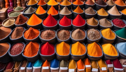 Moroccan spice stall in Marrakech market, Morocco Colorful spices and dyes found at asian or african market Vast array of fresh Moroccan exotic herbs and spices at a market stall