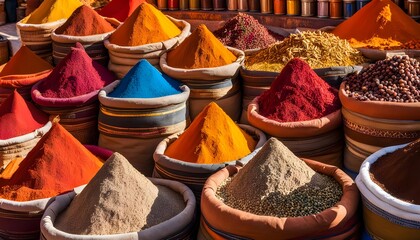 Moroccan spice stall in Marrakech market, Morocco Colorful spices and dyes found at asian or african market Vast array of fresh Moroccan exotic herbs and spices at a market stall