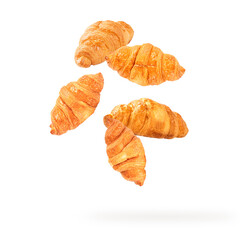  Falling fresh croissant isolated on white background