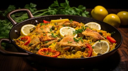 A detailed shot of a Chicken Paella garnished with fresh herbs and lemon wedges, adding a burst of color and flavor to the dish