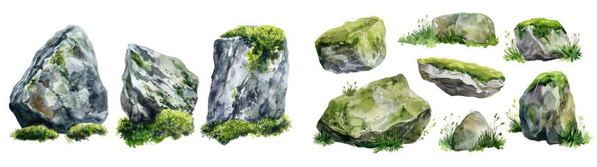 Watercolor stones with green moss ornament set. Hand drawn isolated on transparent background.