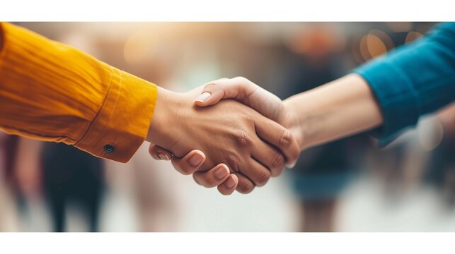 A businessman extends his hand to congratulate a female employee. This scene represents a promotion celebration. It is a symbol of success, recognition and business success.