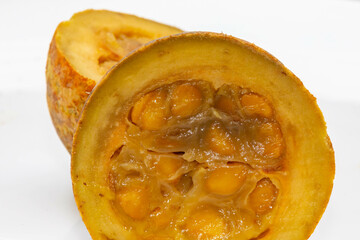 Jenipapo fruit (Genipa americana) in selective focus in details that define the characteristics of the species