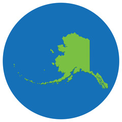 Alaska state map in globe shape green with blue circle color.
