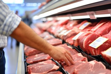 Person choosing a steak at the grocery store - obrazy, fototapety, plakaty