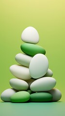 A group of green and white stones in gradient color style. Set of smooth stones in white and green colors in digitally enhanced art.