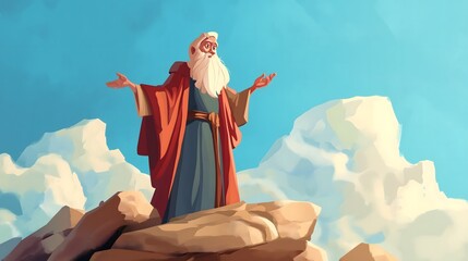 Cartoon depiction of prophet Elijah standing on a mountain edge with his arms held wide, with a background of clouds behind him. Concepts of faith, religion, history and holiness.