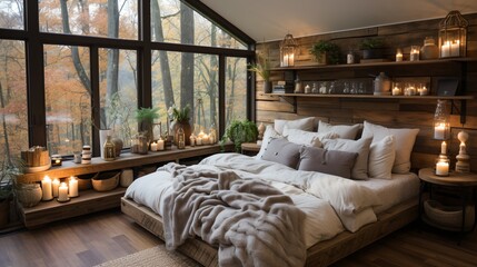 A cozy bedroom with a view of the fall forest