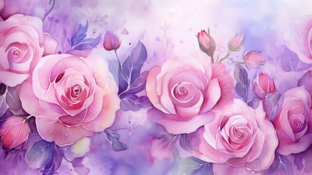 floral watercolor roses background illustration painting flowers, pink romantic, soft petals floral watercolor roses background