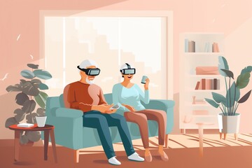 Fototapeta premium Senior couple using virtual reality headset at home
