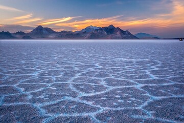 Salt Flats at sunset. Bonneville Salt Flats and mountains. Salt Lake City. Utah. USA