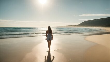 A serene beach scene with crystal clear waters and a lone figure walking along the shore. Nature, holidays and meditation concept. Healthy lifestyle idea. Copy space.