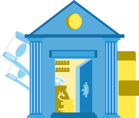 Blue bank building with columns, flying money, vault with gold, and stacked coins vector illustration. Savings and investment concept art vector illustration.