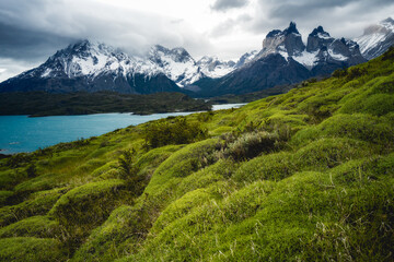 Cuernos del Paine and Lago Pehoé under cloudy sky and  green hill