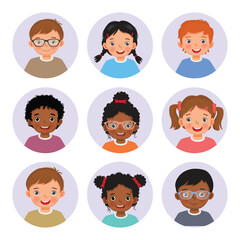 Set of happy diverse children head face avatars