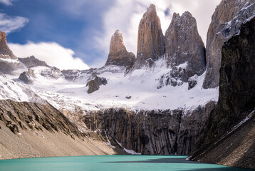 las torres covered by snow with blue lake