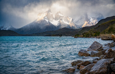 Cuernos del Paine and Lago Pehoé under cloudy sky and wind