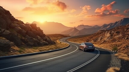 Car driving through a winding mountain road at sunset