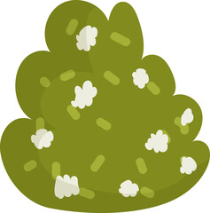 Green bush with white flowers cartoon style. Simplified nature element for kids illustration. Vector illustration of a lush bush with simplistic design, ideal for children's book vector illustration.
