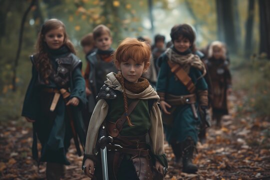Daylight photo of a happy crowd of children dressed up as fantasy heroes strolling trough the woods with a red haired girl in focus in the middle. Concepts of fantasy adventure, heroism, childish wond