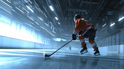 Man in Orange Jersey Playing Ice Hockey Generative AI