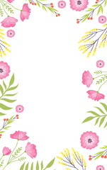 Floral frame with pink flowers and green leaves. Invitation or greeting card border design. Spring botanical frame, wedding card decor vector illustration.