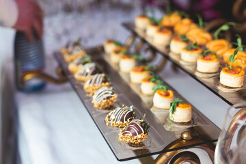 Beautifully decorated banquet catering table, with variety of with different food snacks appetizers on corporate birthday party event or wedding celebration, canape, salad, delicatessen setting